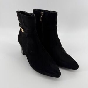 Liz Claiborne Tudor Black Suede Pointed Toe Block Heel Ankle Boots Womens 6.5W